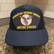 Vtg Operation Desert Shield USA Military Eagle Crest Hat Cap Blue Made in USA
