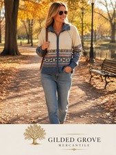 Tiara International Fair Isle Knit Zip Cardigan Sweater Blue Cream Nordic Y2K Lg