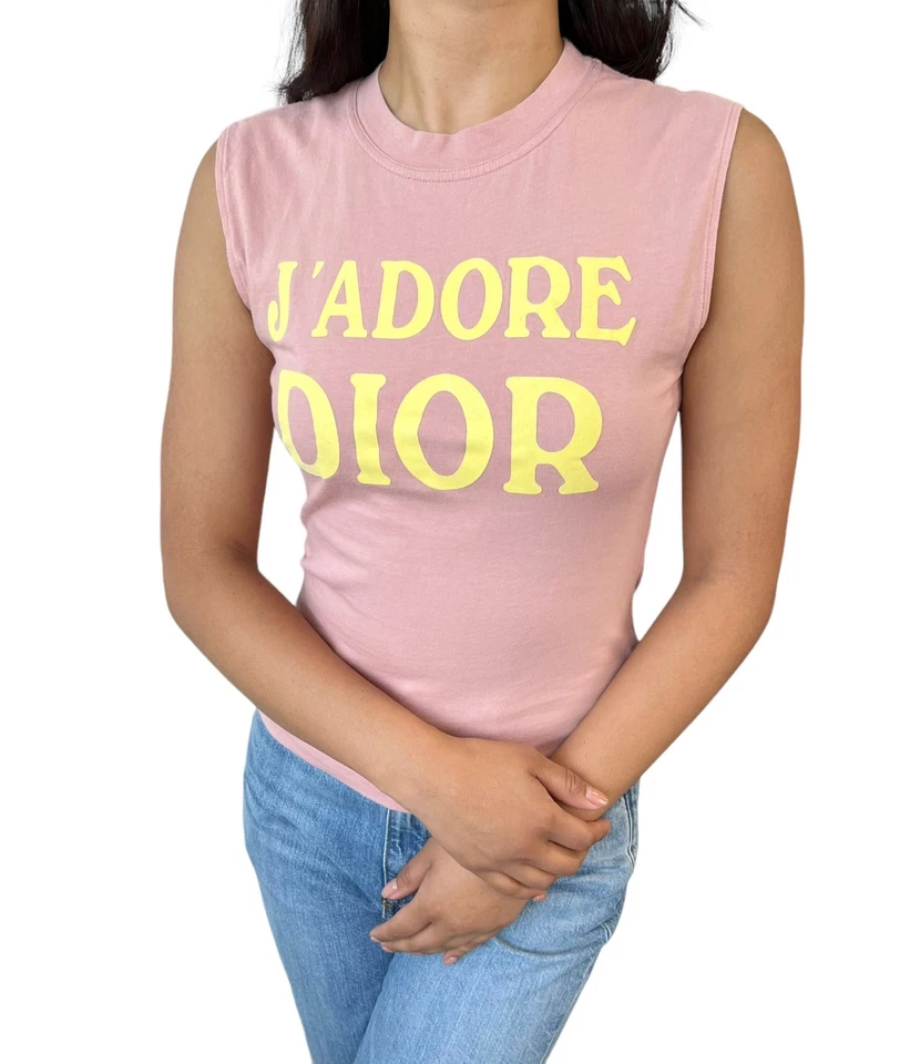 Camiseta sin mangas Christian Dior Vintage 2002 J'ADORE Logo #36 rosa amarillo algodón Foto 2 de 4