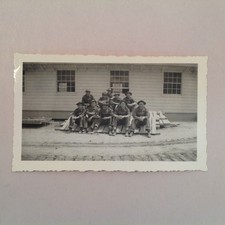 Vtg WWII B W Photo Group Portrait US Servicemen Fatigues Work Detail Seated S2