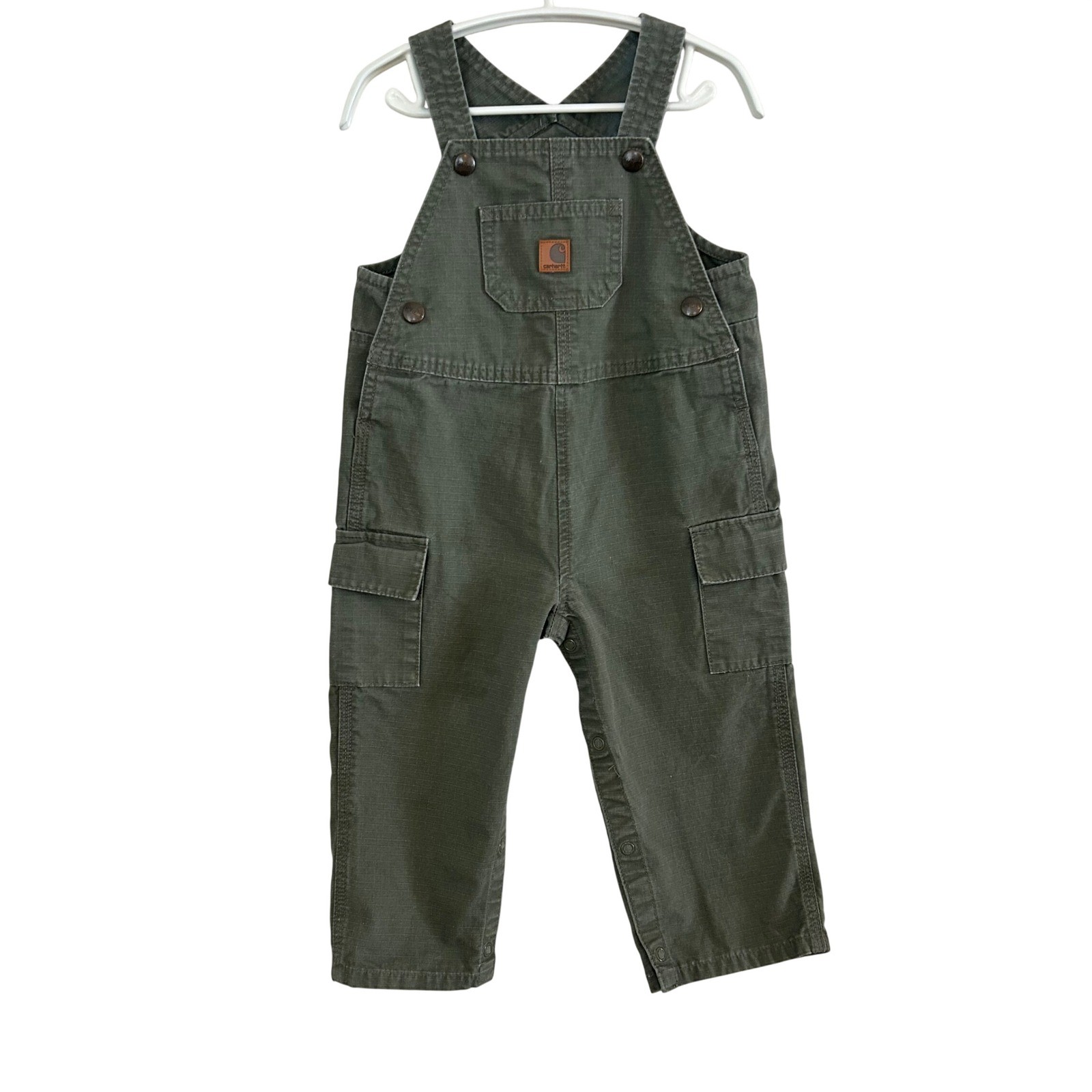 Carhartt Toddler 24 Months Olive Green Canvas Cargo Bib Overalls Workwear