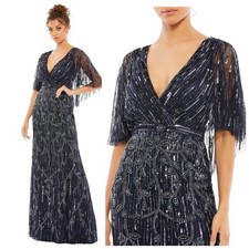 Mac Duggal 9064 Blue Navy 4 Sequin Beaded Cape Sleeve Midnight Evening Gown