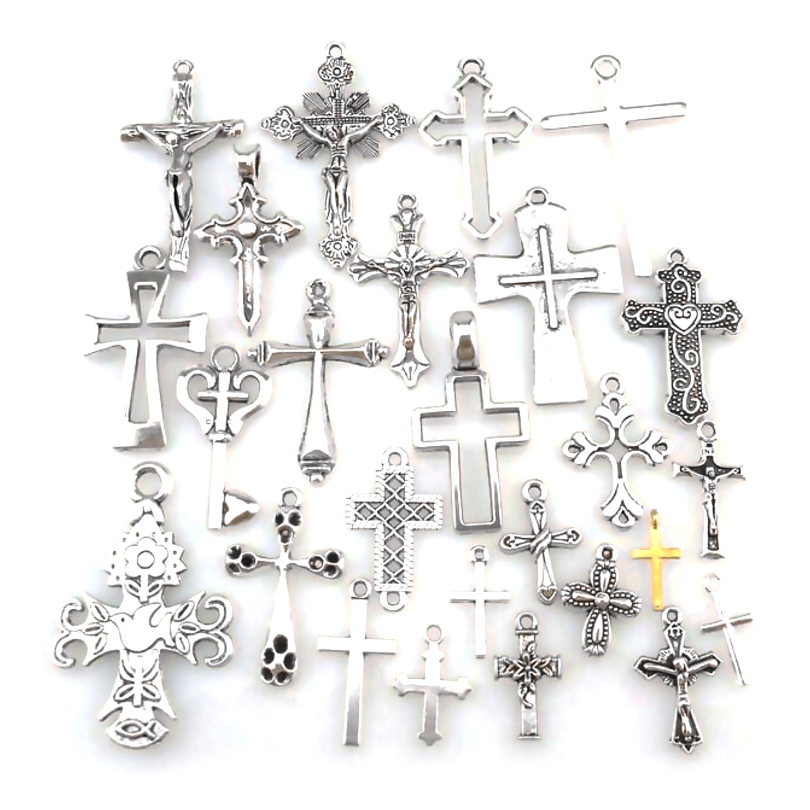 25* MIX Cross Pendant Vintage Antique Silver Tone Alloy Faith Religious Charm A