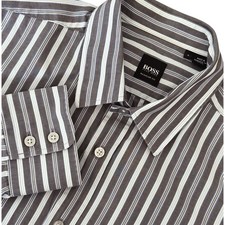 Hugo Boss Lex Cotton Gray w White and Tonal Blue Stripe Shirt Mens Size LG