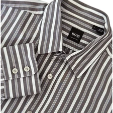 Hugo Boss Lex Cotton Gray w White and Tonal Blue Stripe Shirt Mens Size LG