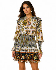 FARM Rio Gray Gold Metallic Floral Mini Dress Sz M Smocked Ruffle Boho NWT $295