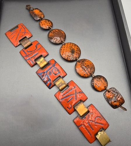 VTG MCM Abstract Copper & Enamel Link Panel Bracelets 8" Orange Blue Lot of 2