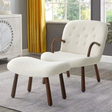 High Wing Back Sherpa Upholstered Armchair Lounge Chair and Footstool Beech Legs