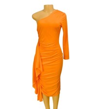 Women's Sexy Sz S Ruffle One Shoulder Dress Long Sleeve Split Ruched Bodycon Par