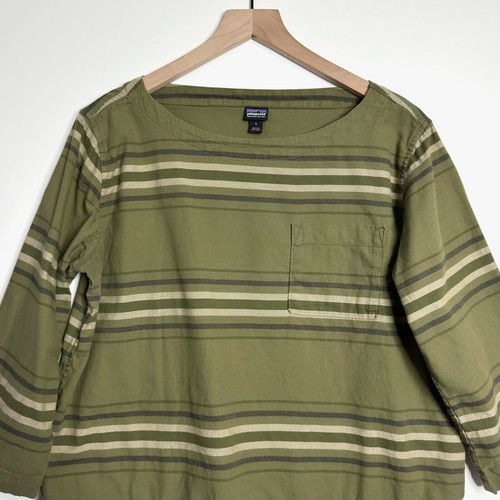 PATAGONIA Catbells 3/4 Sleeve Top Cotton Striped Fatigue Green size Large - Picture 2 of 7