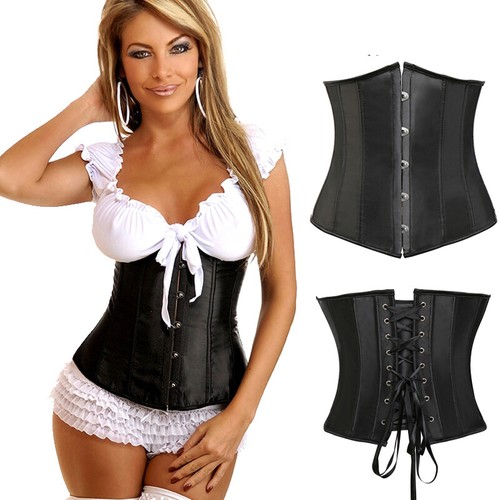 Women Gothic Black Overbust Lace Up Corset Top Shaper Waist Training Bustier - Picture 6 of 38