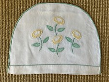 VINTAGE 1930s white cotton tea cosy with green and yellow embroidered flowers