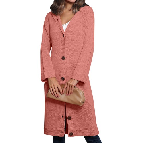 Women's Winter Long Hooded Cardigan Long Sleeve Single Breasted Loose Sweater - Picture 3 of 36