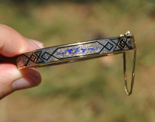 Antique Old Victorian Solid Gold Bracelet Engraved Enamel Childs Thick XS 5 1/4" - Picture 3 of 12