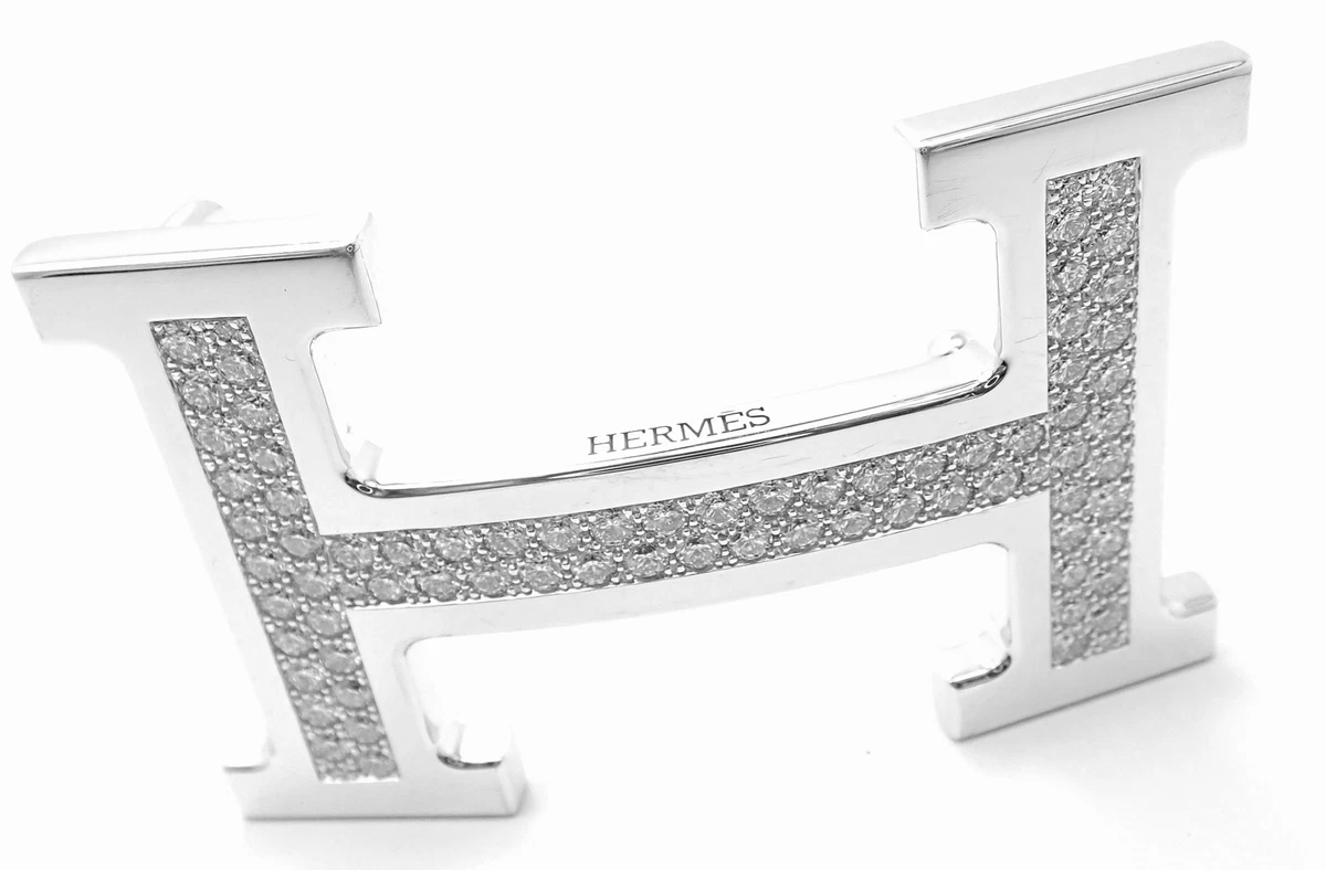 Authentic! Hermes 18K White Gold 3.79ct Diamond Large H Buckle & Reversible Belt