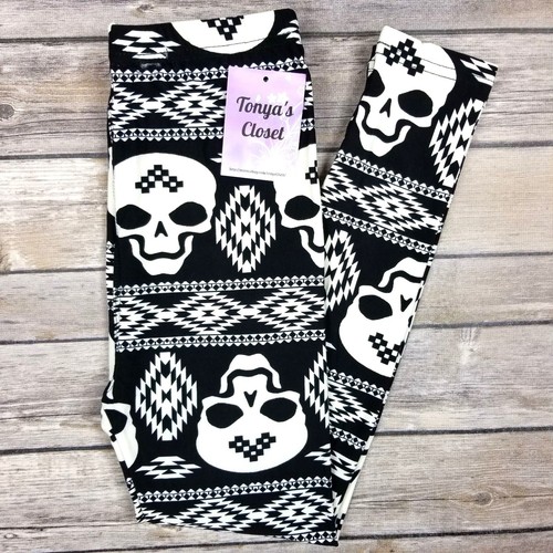 Kids Girls Leggings Halloween Black and White Skull Print L/XL 6-10 - Picture 2 of 6