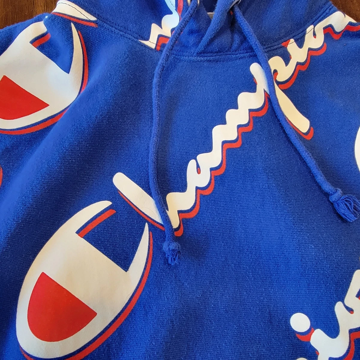 Champion Reverse Weave Hoodie Mens Small Blue Sweatshirt AOP All Over Print Logo