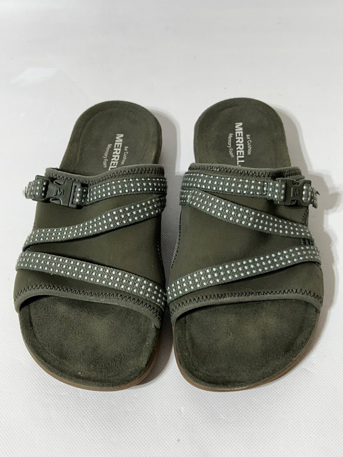 MERRELL AIR CUSHION MEMORY FOAM sandali donna slide taglia 8 verde oliva polveroso
