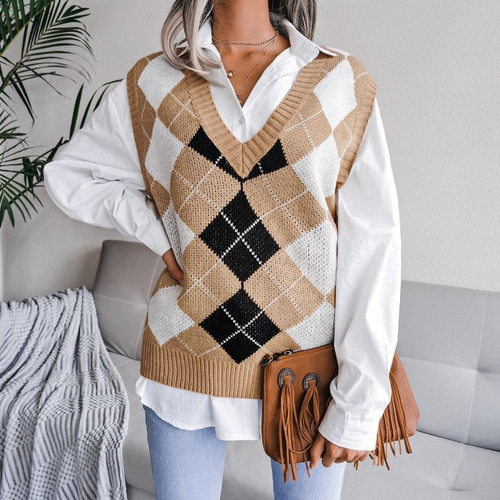Women Knitted Vest Waistcoat Sweater Jumper Tank Top Argyle Sleeveless Loose - Picture 5 of 17