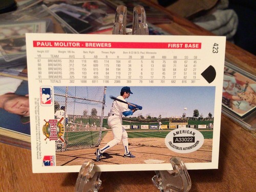 1992 Upper Deck #423 Paul Molitor - Milwaukee Brewers - Autographed with COA - Picture 2 of 3
