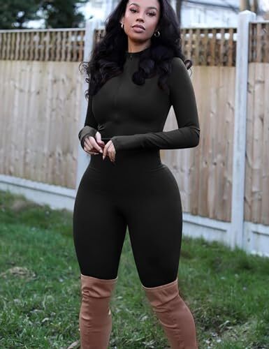 Women's Sexy One Piece Jumpsuit Bodycon Long Sleeve V Neck Zipper Small Black - Picture 6 of 7