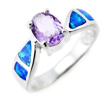 Sterling Silver Ladies Ring with Opal Inlay and Amethyst Size 8