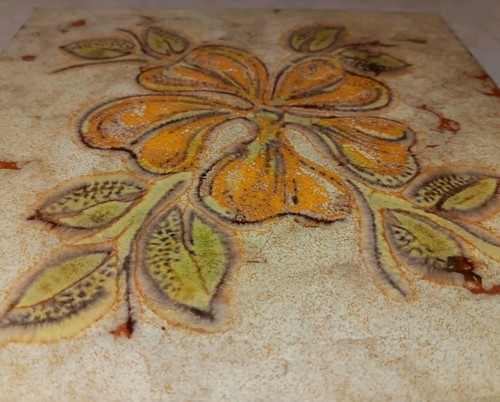 Vtg 8"x8" Trivet MCM Natural Tone pointillism Leaves Flower ITALY w Plastic Feet - Picture 3 of 10
