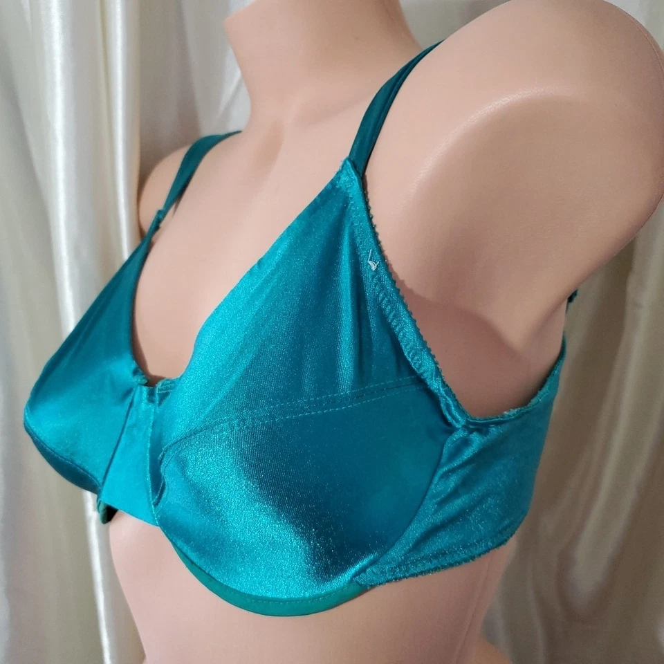 90's ENHANCED Unpadded Underwire Bra SHINY BLUE GREEN SATIN Second Skin 36C - Image 3 of 4