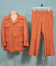 Mens VTG 70s Orange 2 PC Leisure Suit Sz M Short 1970s Disco