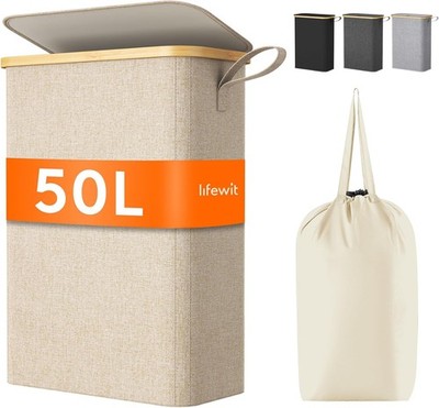 Lifewit Wäschekorb 50L schmal mit Deckel faltbar Bambus Beige mit Griff