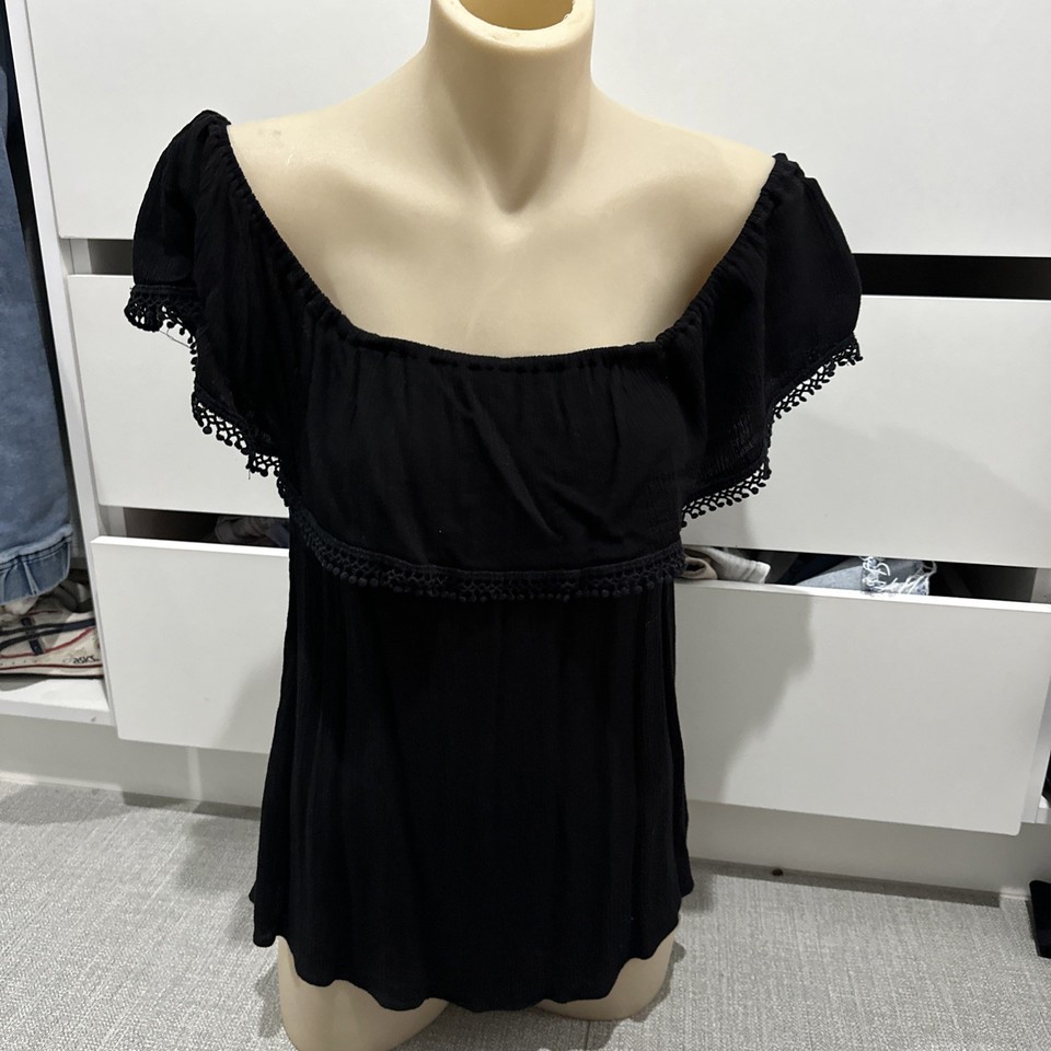 Stradivarius Size S/10 Black Off Shoulder Top Blouse Vgc Worn Twice 