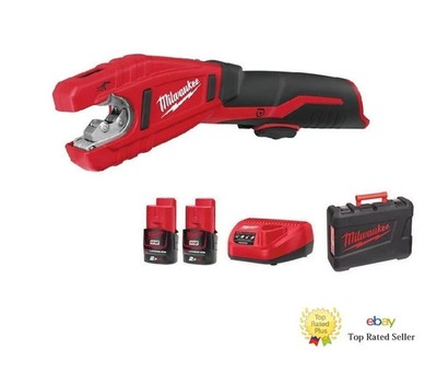 Milwaukee C12PC-0 12V compact pipe cutter with 2 x 2.0Ah batteries, charger, and