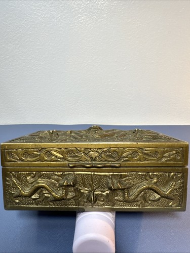ATQ Asian Metal Brass Jewelry Trinket Box Dragon Relief 5x3” China - Picture 6 of 17