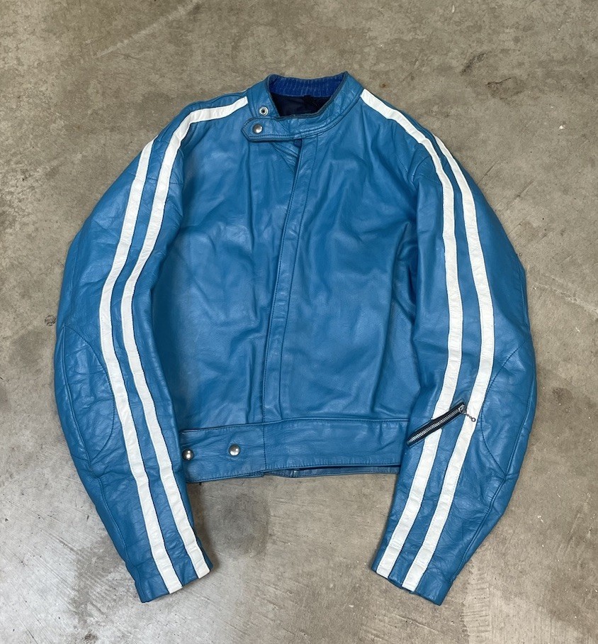 70s blue striped Lewis Leathers Aviakit One Piece Racing Suit. Made in England.