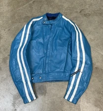 70s blue striped Lewis Leathers Aviakit One Piece Racing Suit. Made in England.