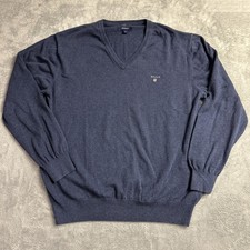 Gant Mens V-Neck Sweater Blue 2XL Lightweight Cotton Long Sleeve Pullover Preppy