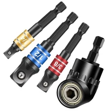 4Pcs 105�Right Angle Drill Attachment Impact Grade Socket Adapter 1/4" 3/8" 1/2"