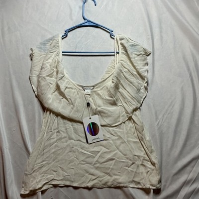 Monki Ruffle Neck Top Womens Sz Small Cream Colored Sleeveless Flutter NEW