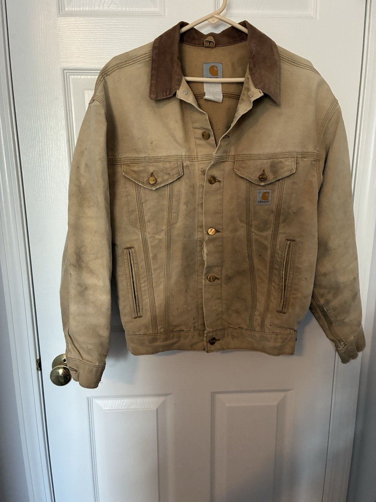Carhartt Men's Tan Work Jacket Button Front Brown Corduroy Collar Pockets
