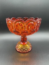 L E Smith Compote Bowl Moon & Stars Amberiana Red Yellow Glass Vintage