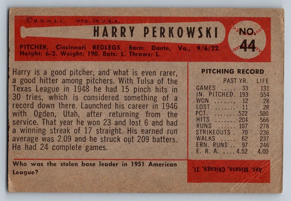 1954 Bowman #44 Harry Perkowski Cincinnati Redlegs - Image 2 of 3
