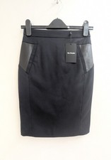 BN The Kooples Stretch Smocking Navy Blue Wool Blend Skirt Leather UK 6/EU 34