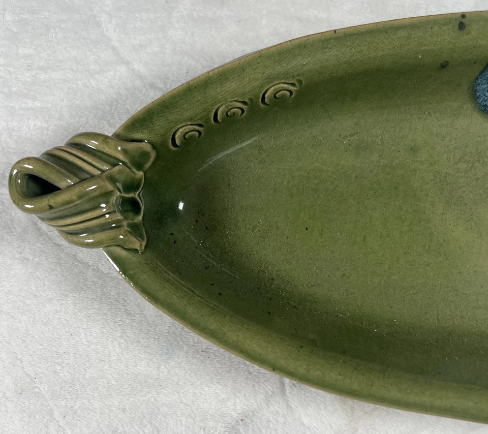 Bandeja ovalada para servir cerámica de barro mosquito verde azul esmalte por goteo asas hechas a mano Foto 4 de 4