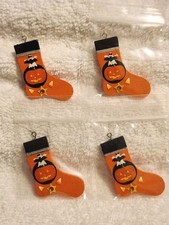 Set of 4 Mini Spooky Halloween Orange Stocking Ghost Hanging Tree Ornaments 2"