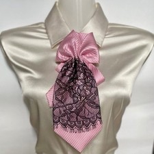 Handmade Pink Silk Women  s Tie with Black Lace  Victorian Bow Necklace