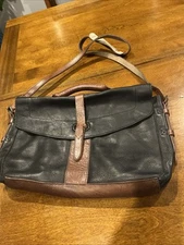 Will Leather Goods Bandon Black/Brown Leather Messenger Bag Briefcase 17" x 10"