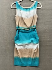 Nine West Dress Womens 8 Blue Beige White Sleeveless Belted Pocket Sheath Summer