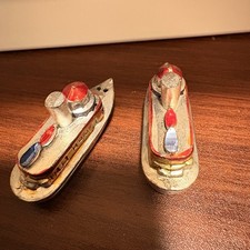 Lot of 2 Vintage Miniature Metal Ship/Boat Figurines Silver Red Blue Gold