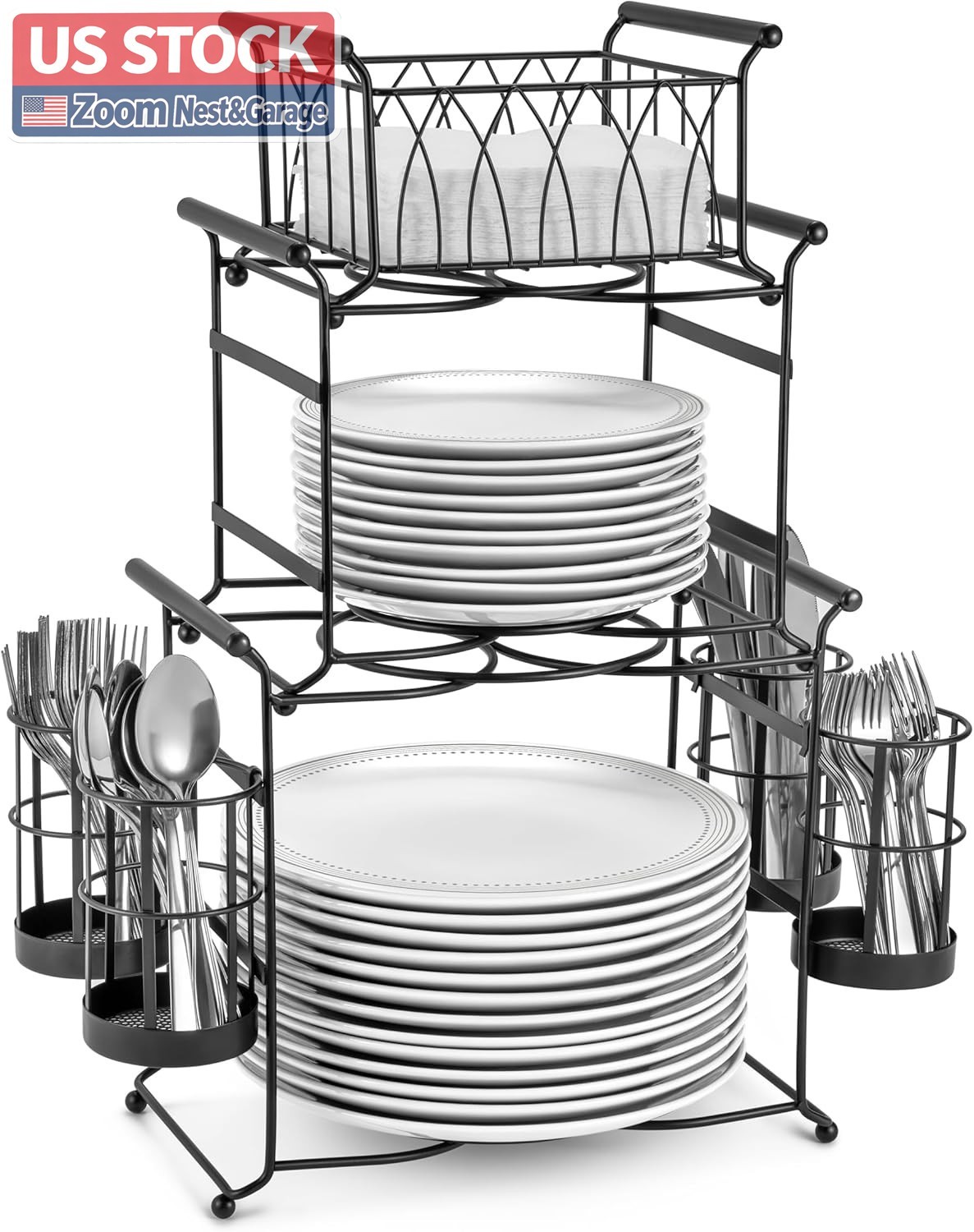 US Stock Sorbus Buffet Caddy 7 Piece 3 Tier Stackable Black