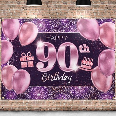 PAKBOOM Happy 90th Birthday Banner Backdrop - 90 2 Piece Set, Pink 